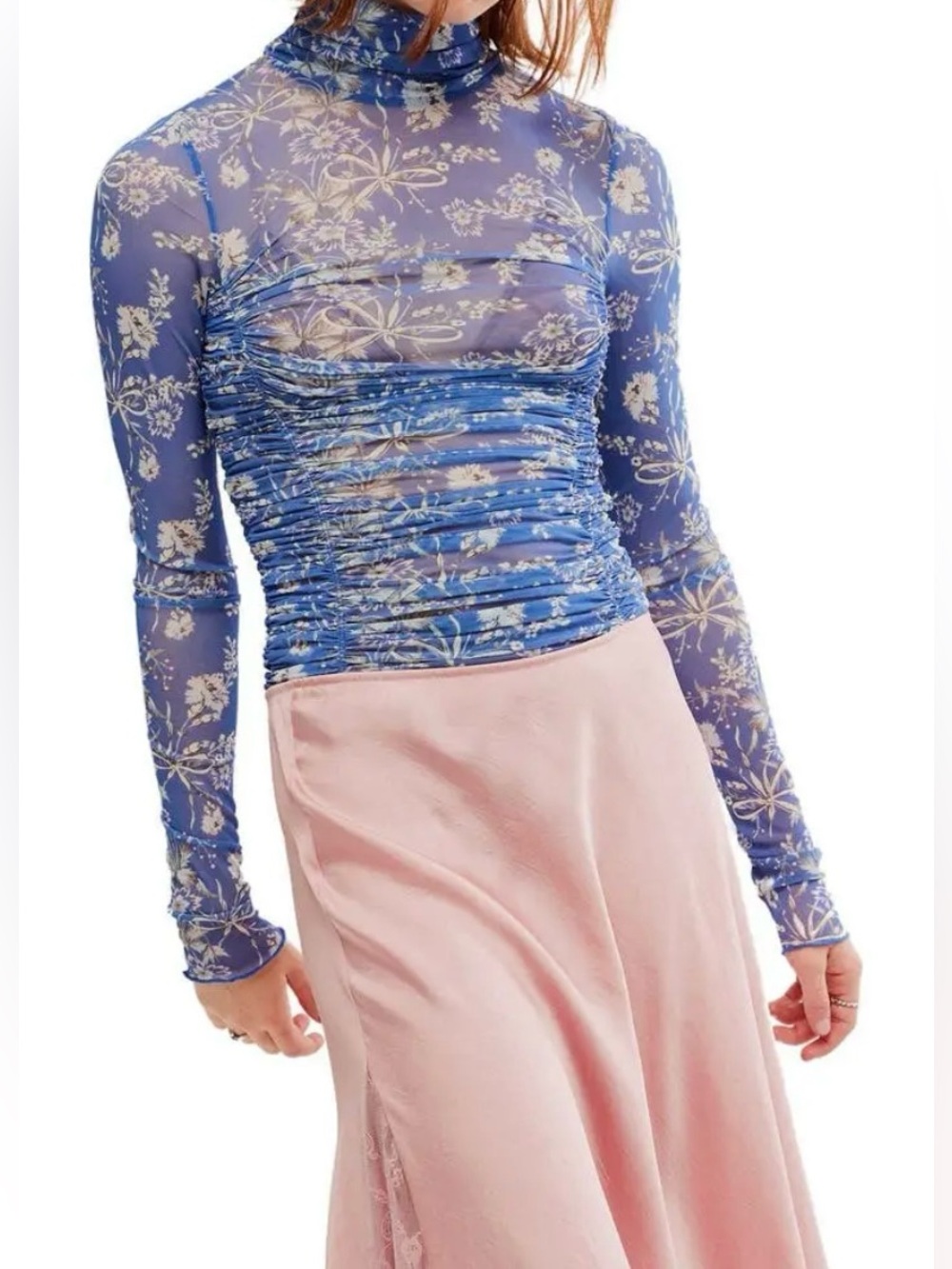 Free People Blue Floral Mesh Ruched High Neck Long-Sleeve Bodysuit - Size XL